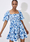 Smocked Cotton Floral Mini Dress, White, large