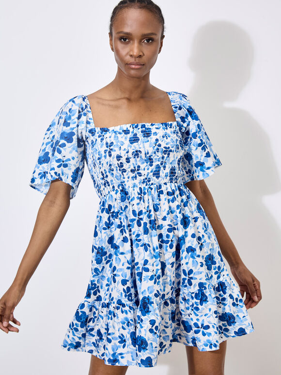 Smocked Cotton Floral Mini Dress, White, large