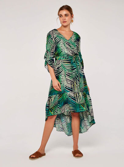 Tropical Leaf Ruffle Midi Dress