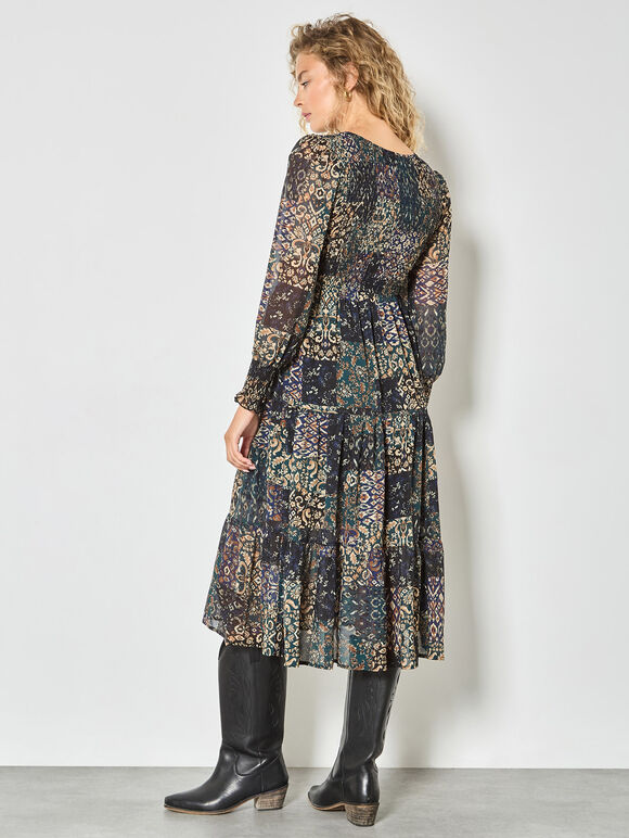 Ikat Patchwork Smocked Chiffon Midi Dress, Green, large
