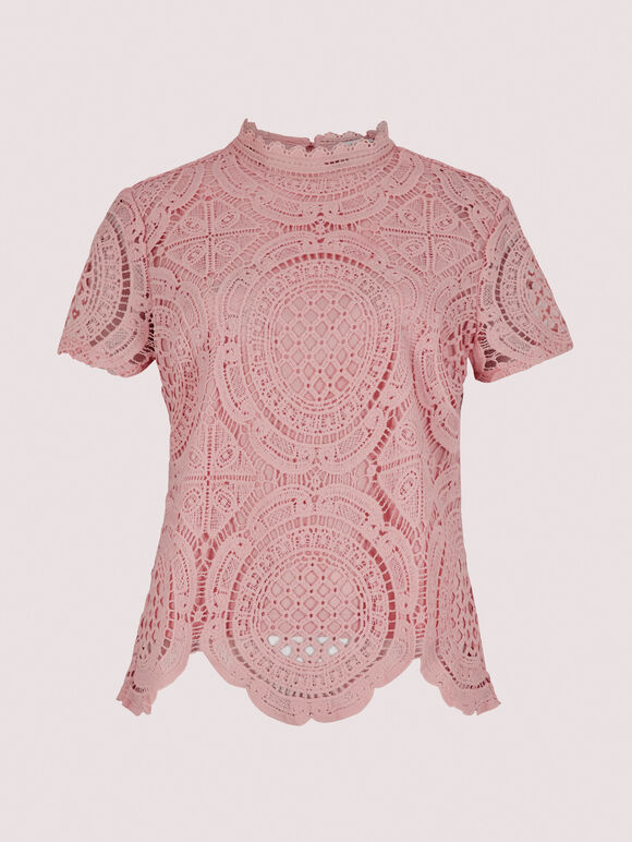 High Neck Lace Top, Pink, large