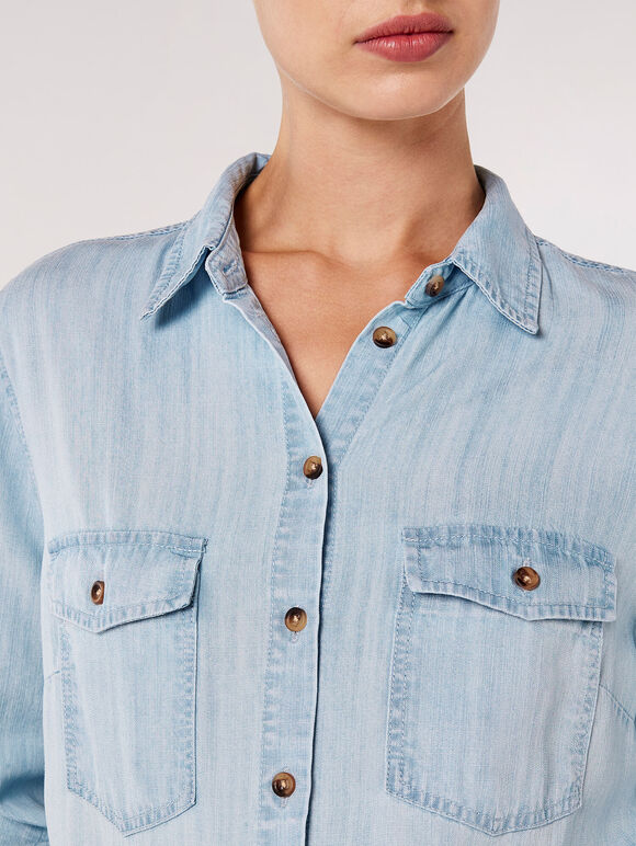 Button Down Denim Shirt, Sky Blue, large