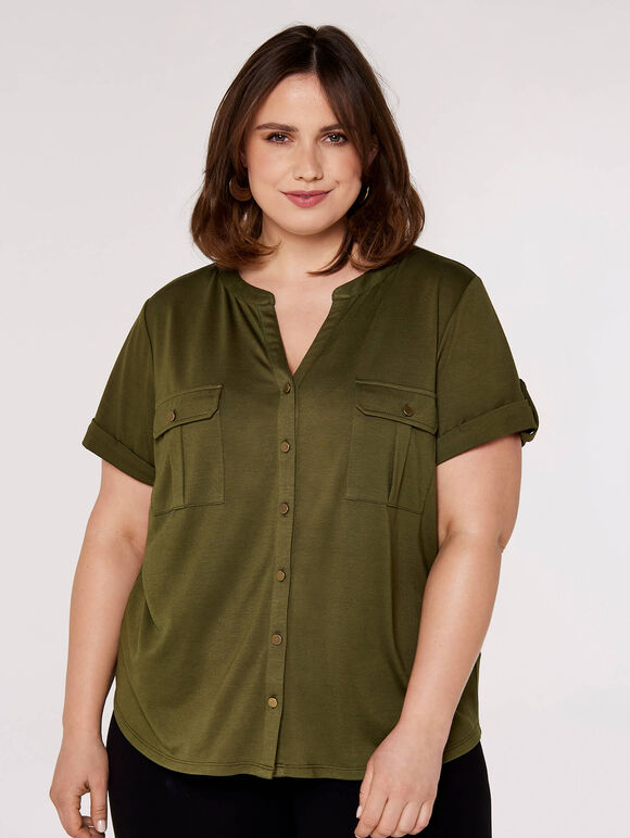 Curve Military V-Neck Top, Khaki, large