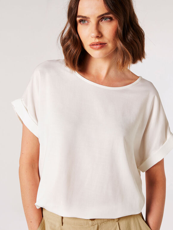 Rolled Sleeves Simple T-Shirt, Cream, large