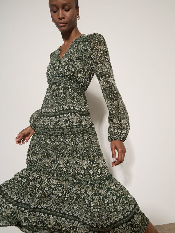 Floral Print Ruffle Midi Dress, Green, large