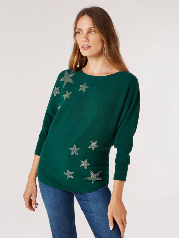 Bunter Pullover mit Sternen und Nieten, Grün, Größe L