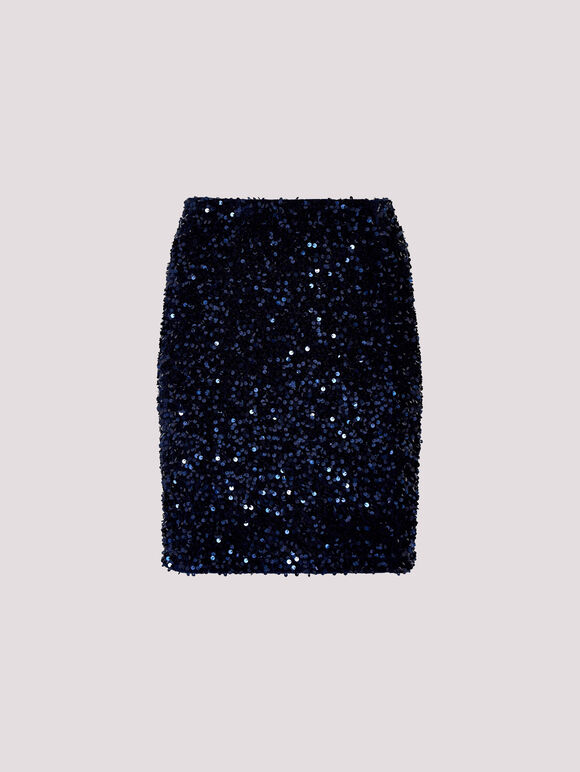 Velvet Sequin Bodycon Mini Skirt, Navy, large