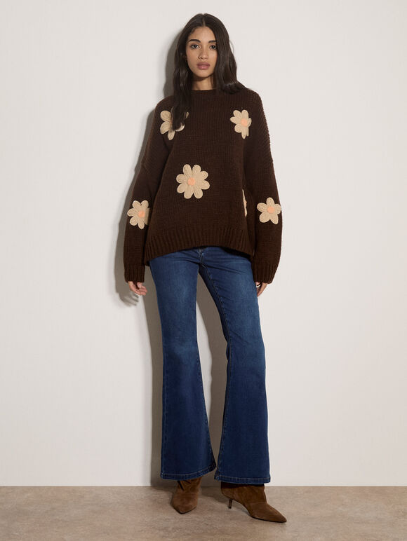 Chunky Knit Flower Applique Jumper, Brown, large