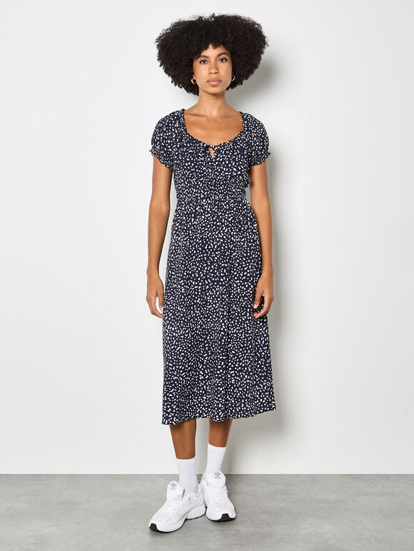 Spot Print Milkmaid Midi Dress, Navy, large