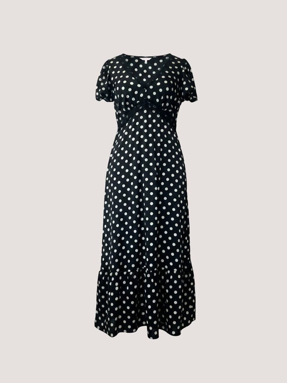 Polka Dot Satin Midi Dress, Black, large