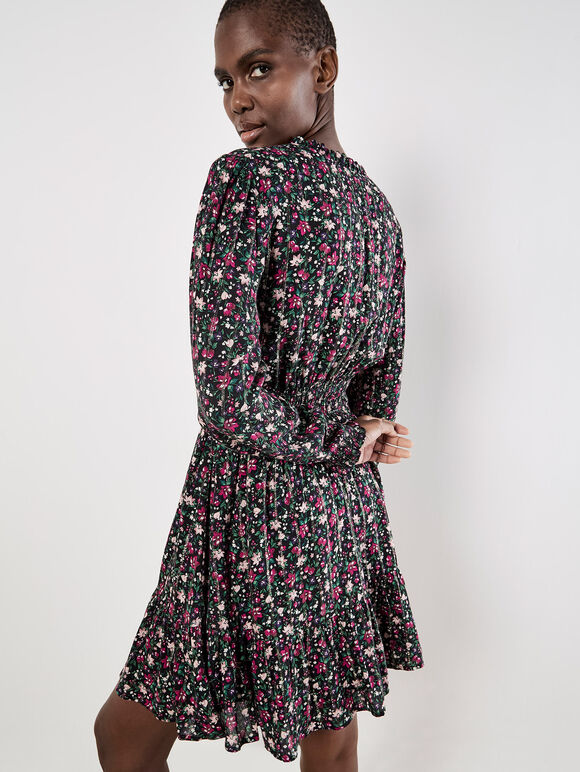 Ditsy Floral Shimmer Mini Dress, Black, large