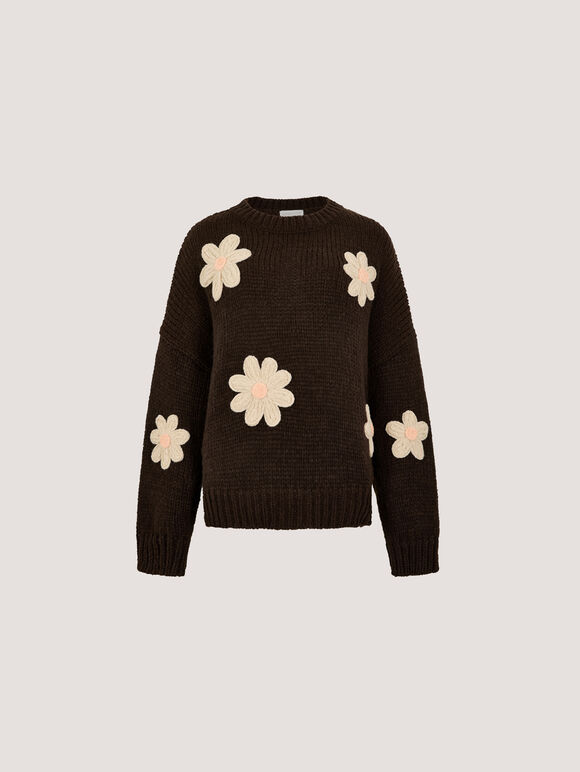 Chunky Knit Flower Applique Jumper, Brown, large