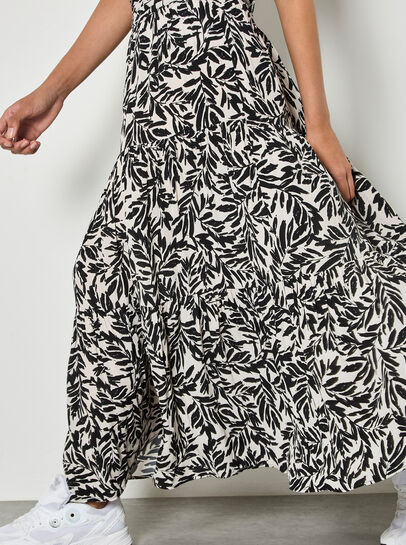Leaf Print Tiered Midi Skirt