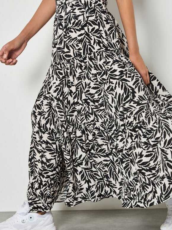 Leaf Print Tiered Midi Skirt, Cream, large