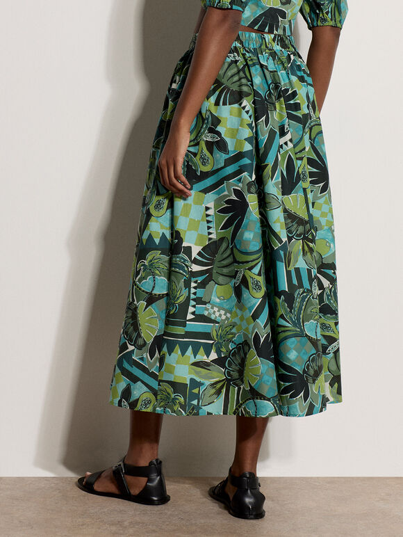 Tropical Leaf Patchwork Cotton Midi Skirt, Aqua - Turquoise, large