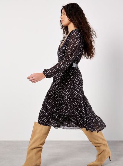 Polka Dot Chiffon Wrap Midi Dress