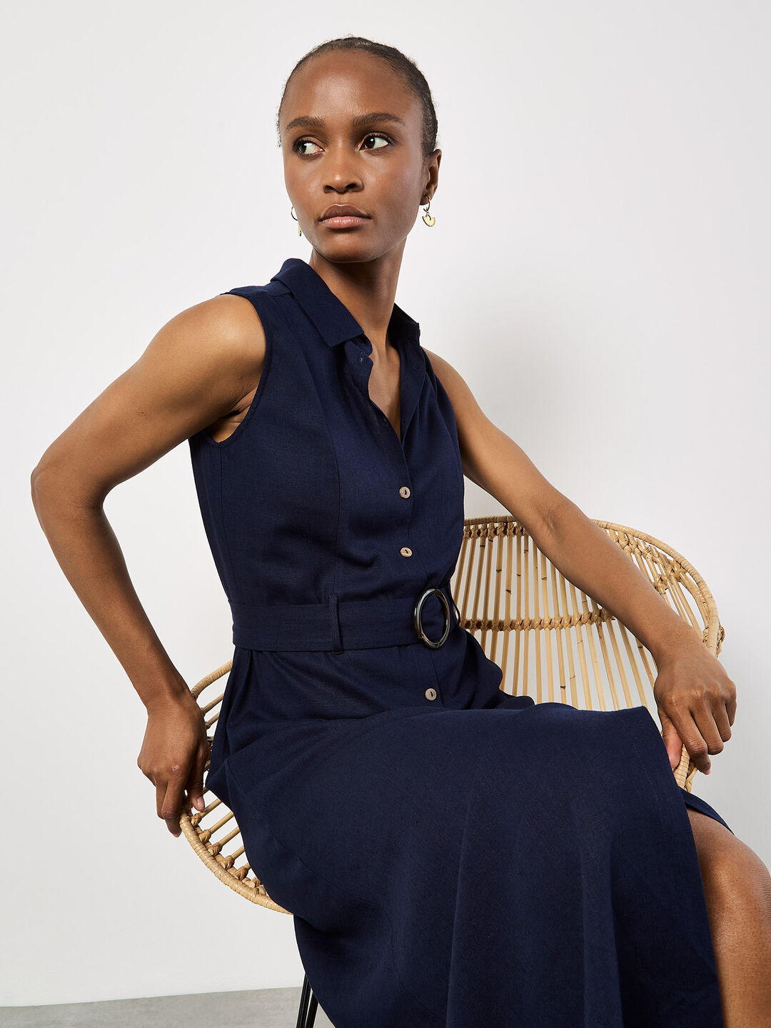 Linen Blend Shirt Midi Dress