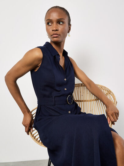 Linen Blend Shirt Midi Dress