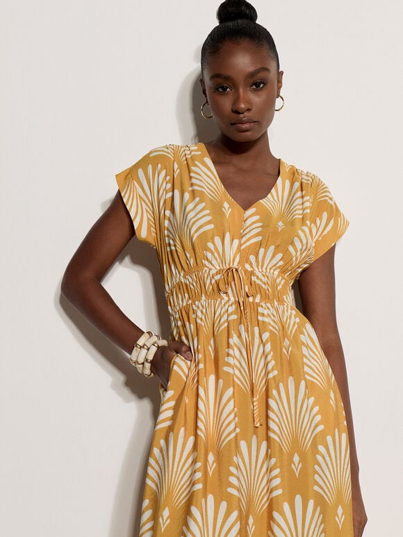 Fan Print Midaxi Dress, Mustard, large