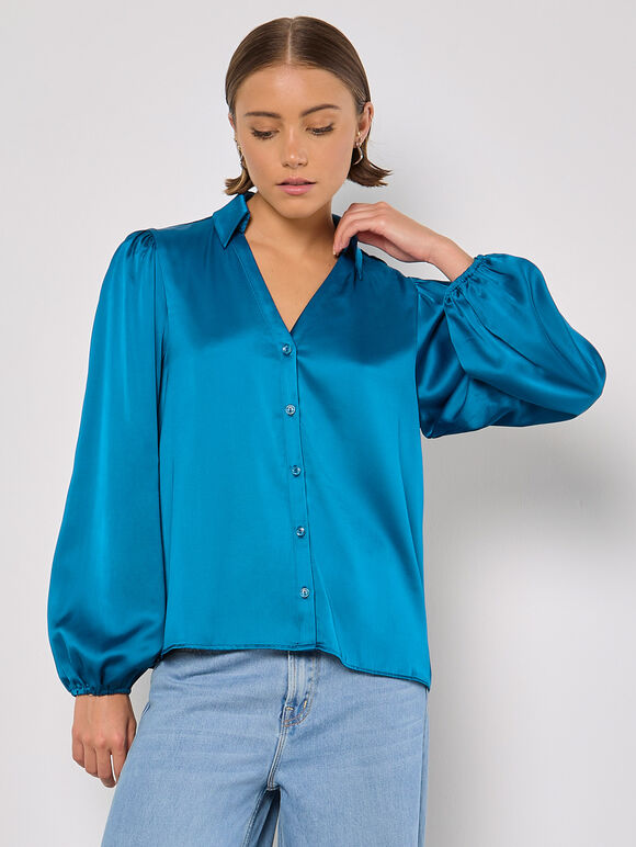 Soft Satin Shirt, Blue, large