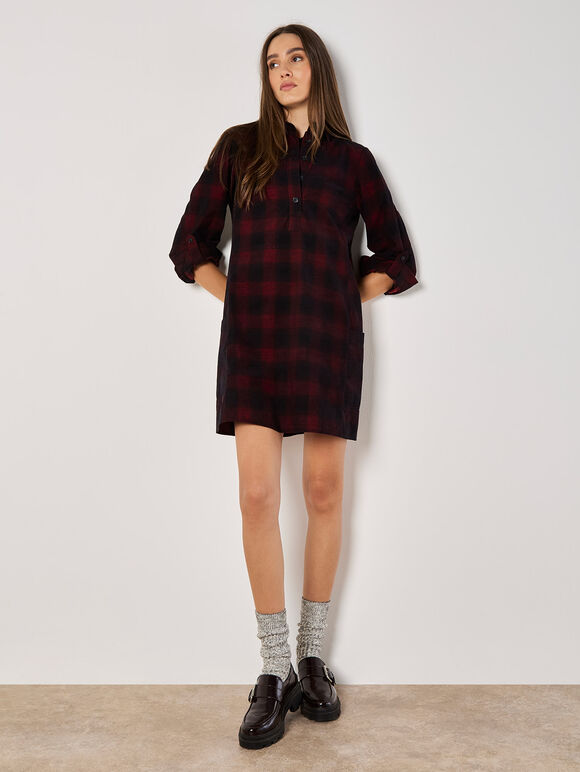 Check Cotton Corduroy Mini Dress, Red, large