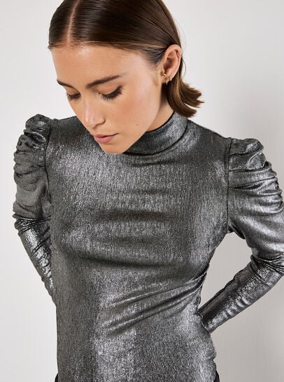 Metallic Foil Ruched Shoulder Top