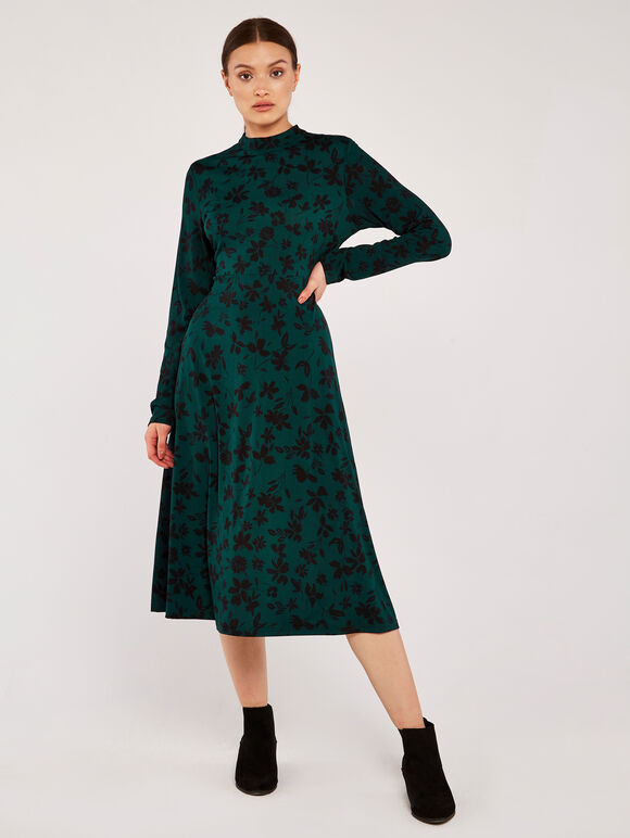 Floral Mock Neck Dress, Green, large