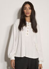 Waffle Knit Button Neck Top, Cream, large