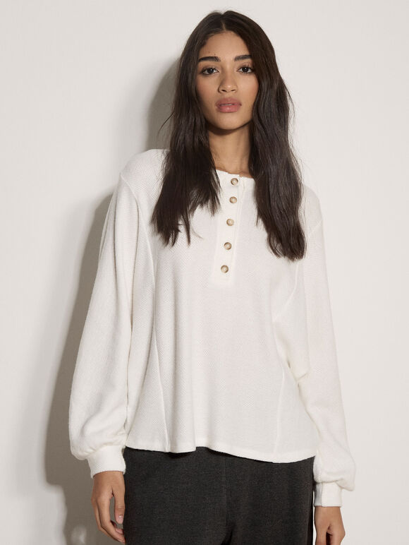 Waffle Knit Button Neck Top, Cream, large