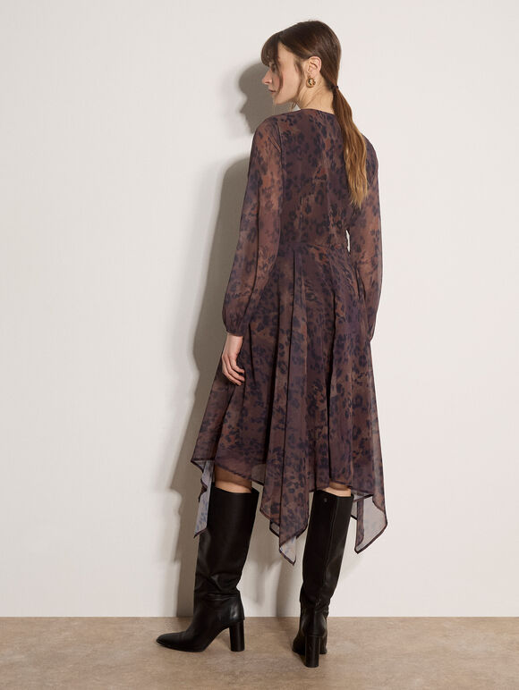Leopard Print Chiffon Midi Dress, Brown, large