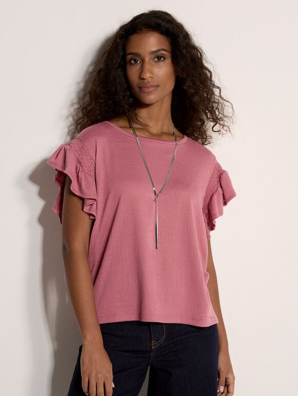 Ruffle Sleeve Textured T-Shirt, Pink, large