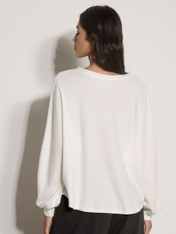 Waffle Knit Button Neck Top, Cream, large