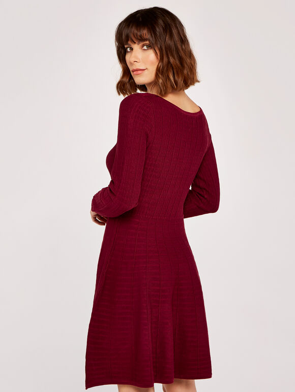 Textured Knitted Skater Dress, Burgundy, large