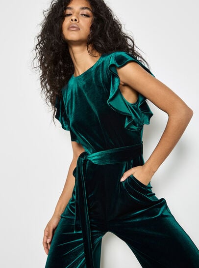 Wide Leg Velvet Ruffle Jumpsuit