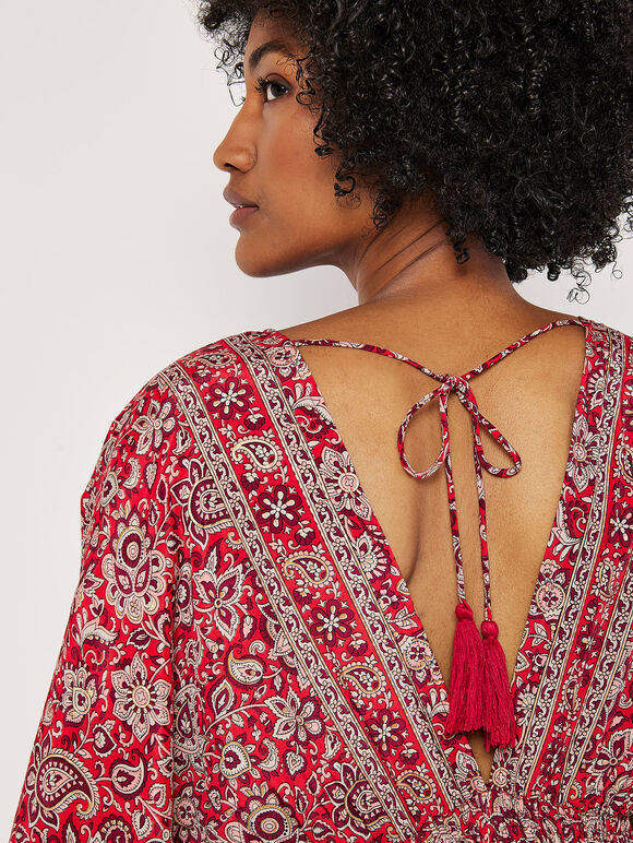 Foil Floral Paisley Satin Maxi Dress, Red, large