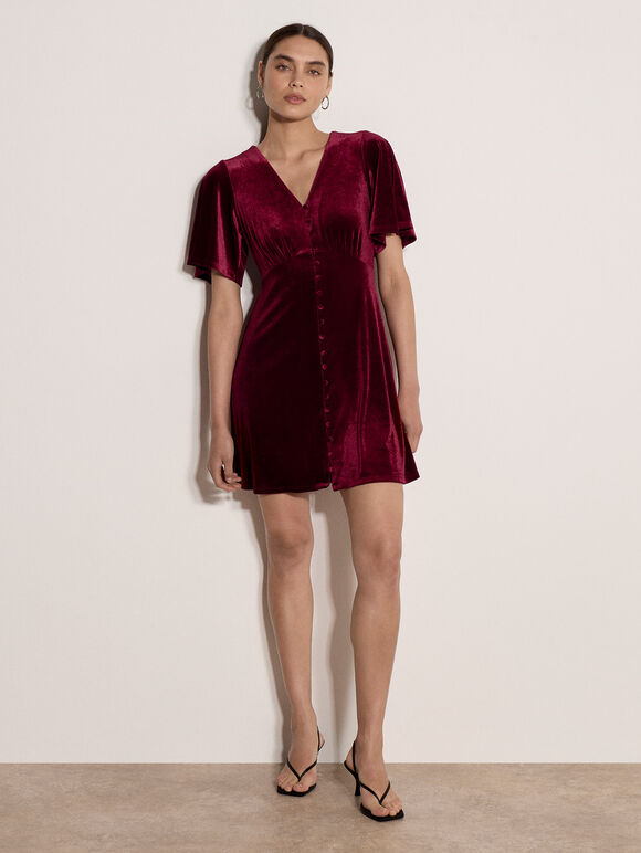 Velvet Button-Down Mini Dress, Red, large