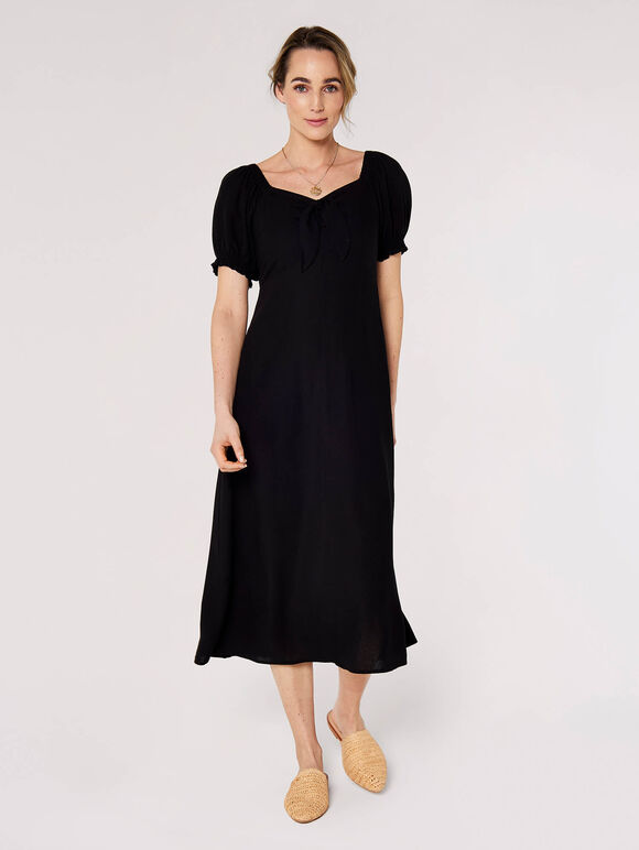 Tie Detail Milkmaid Midaxi Dress, Black, large