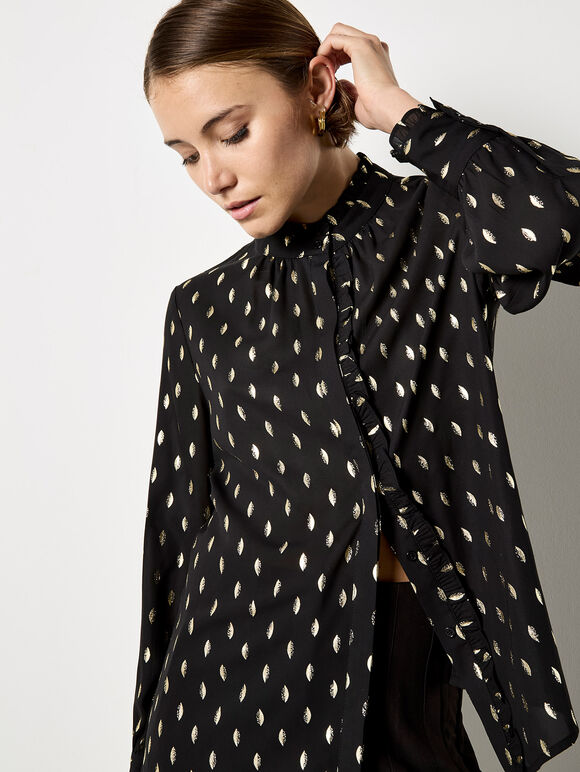 Gold Foil Ruffle Chiffon Blouse, Black, large