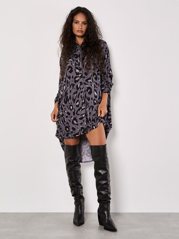 Cheetah Oversized Shirt Mini Dress, Grey, large