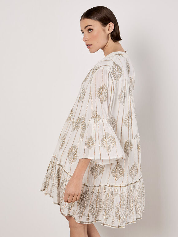 Metallic Paisley Tiered Tunic Mini Dress, Cream, large