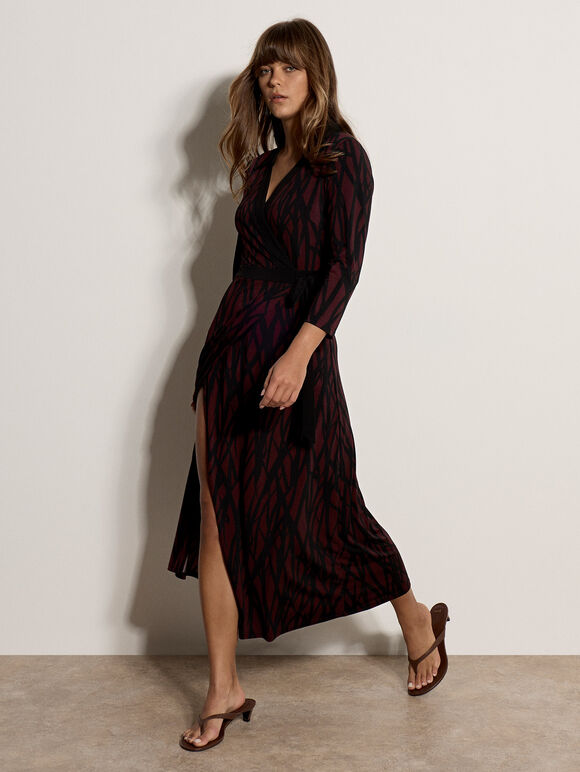 Abstract Print Wrap Maxi Dress, Burgundy, large