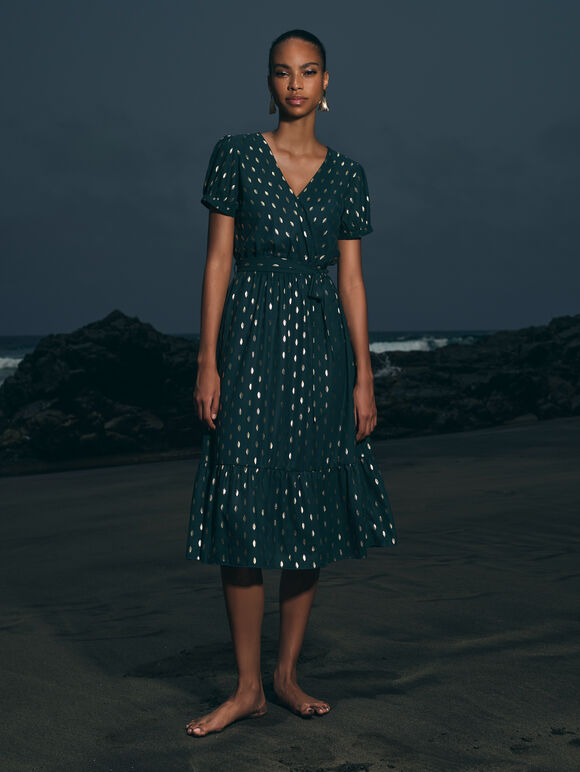 Gold Foil Oval Midi Dress, Green, large