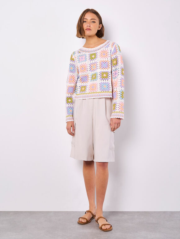 Pastel Crochet Squares Jumper, Blue, large