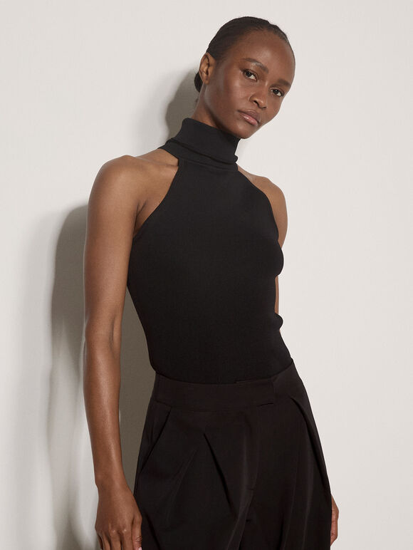 Roll Neck Knitted Tank Top, Black, large