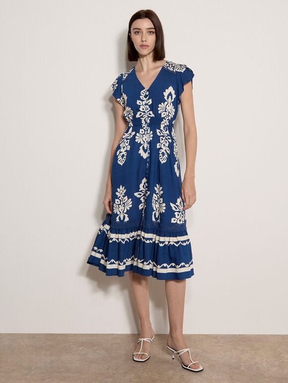 Folk Floral Midi Dress, Blue, large