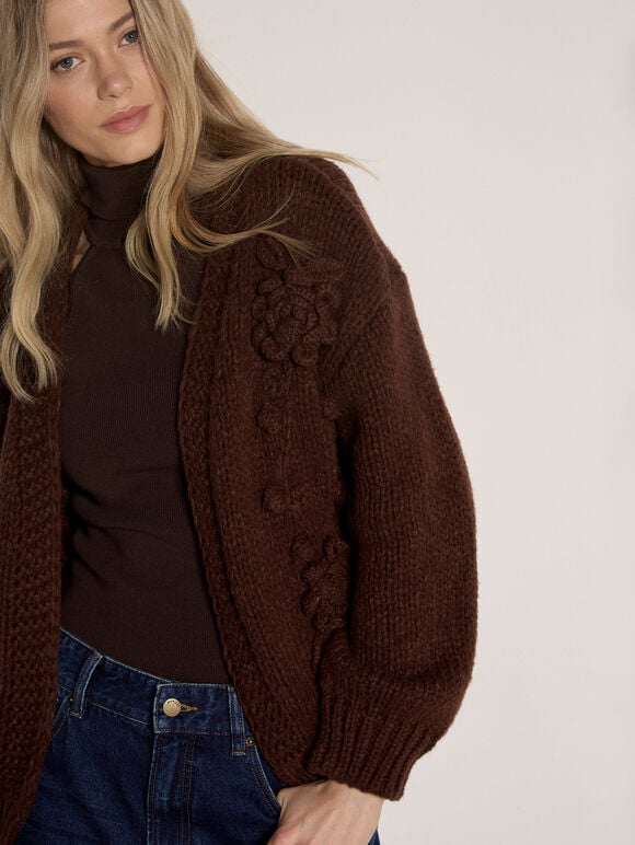 Rose Applique Chunky Knit Cardigan, Brown, large