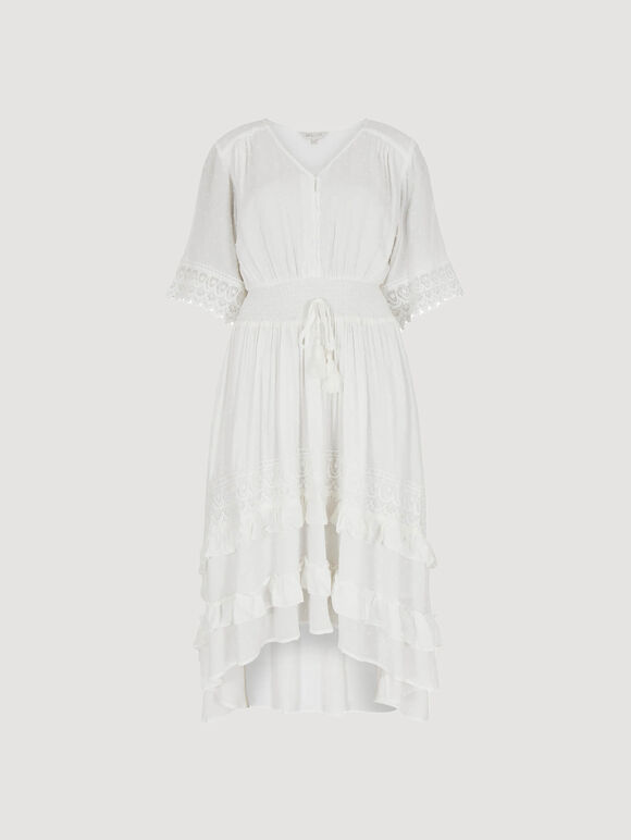 Dobby Ruffle Tiered Midi Dress, Cream, large
