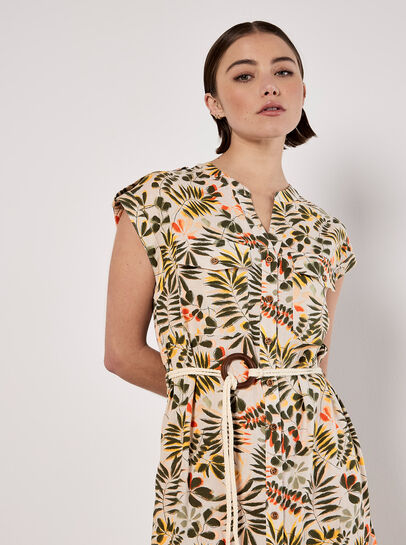 Belted Leaf Print Midi Shirt Dress