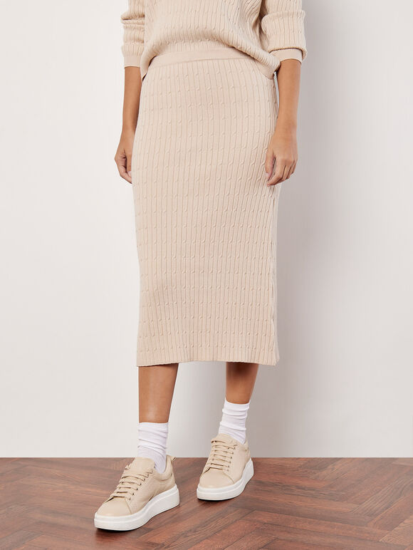 Fine Knit Cable Midi Skirt, Stone, large