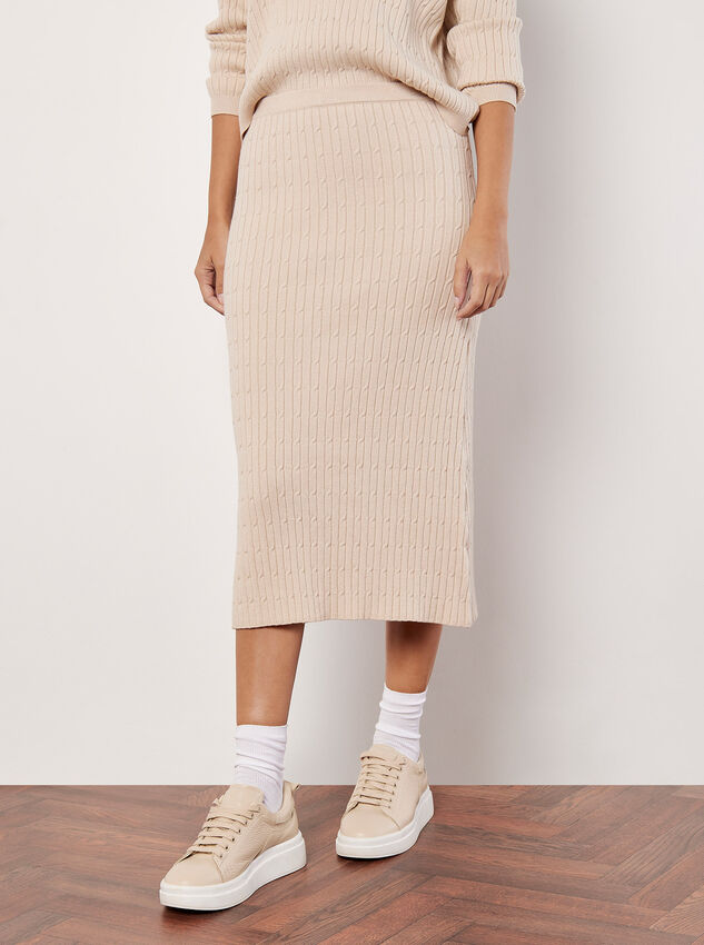Fine Knit Cable Midi Skirt, Stone, large